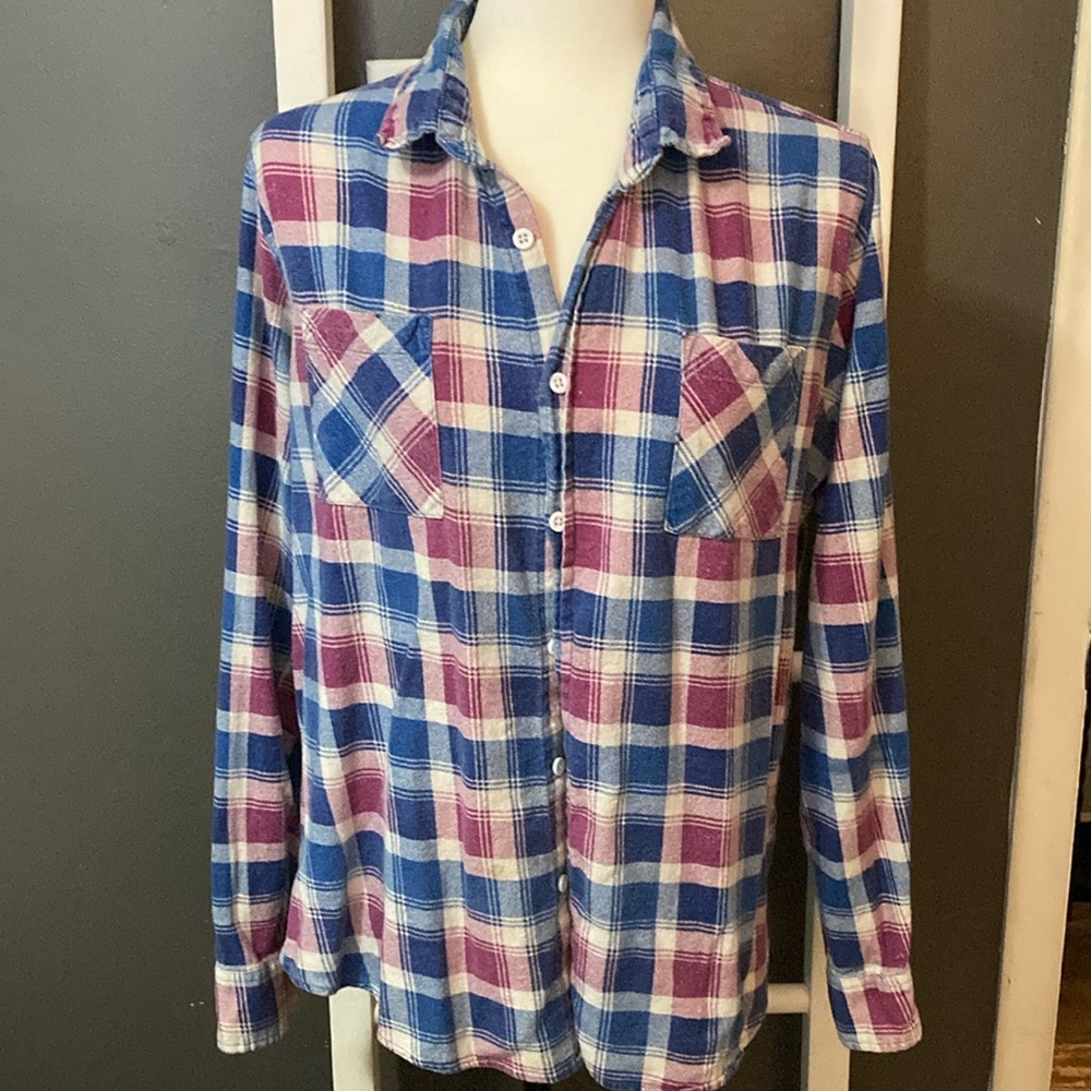 Plaid Button-Up Shirt in Blue and Pink
